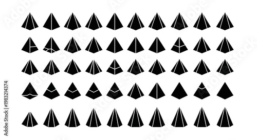 Black pyramid icons, 40 pyramid shapes, triangular symbols set, vector graphics