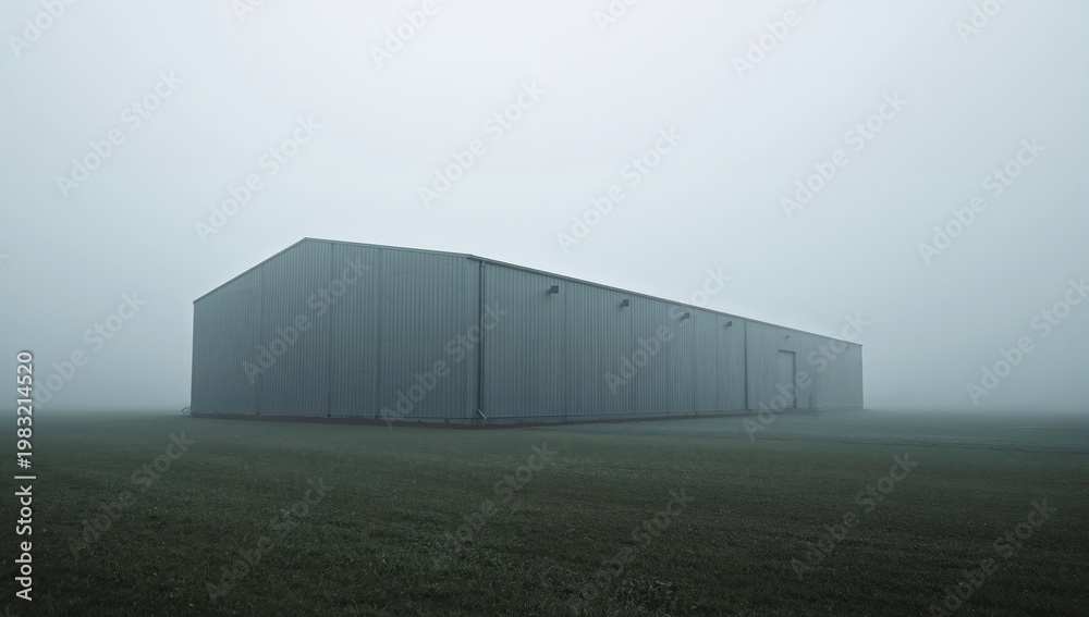 Obraz premium Modern industrial structure emerging through heavy fog with minimal composition and cold muted tones creating abstract architectural mood
