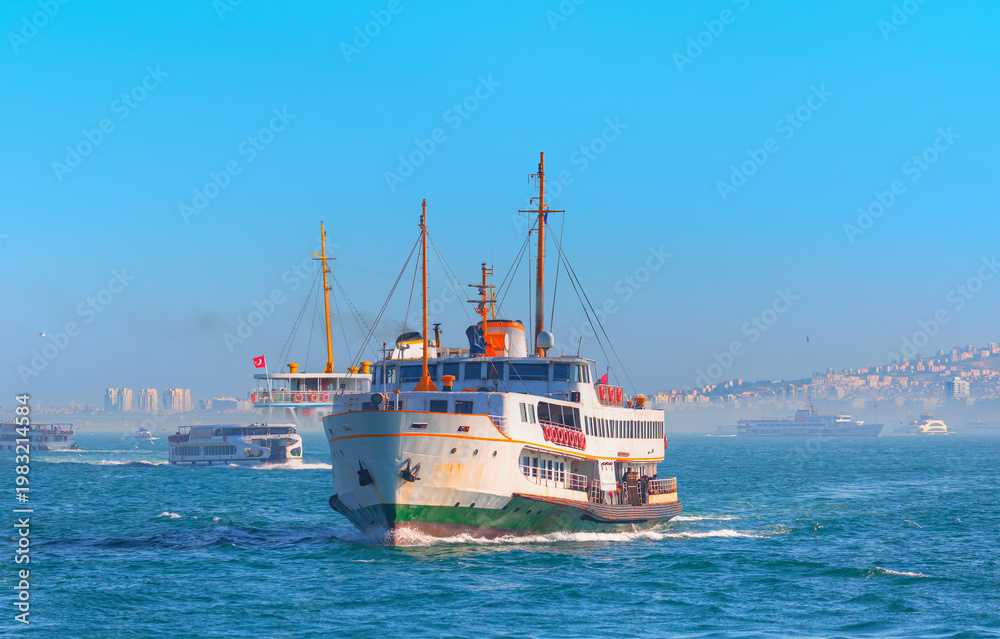 Fototapeta premium Izmir ferry services in the Gulf of Izmir - Cityscape of Karsiyaka Izmir, Turkey