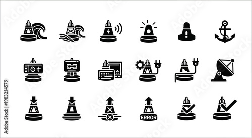 Navigation, Transportation, Maritime Icons Set, 20 Black Vector Symbols