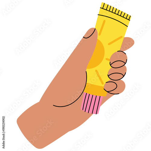 Hand Holding Sunscreen Tube. Flat vector illustration of skincare product application. Ideal for beauty routine, sun protection and summer lifestyle design.