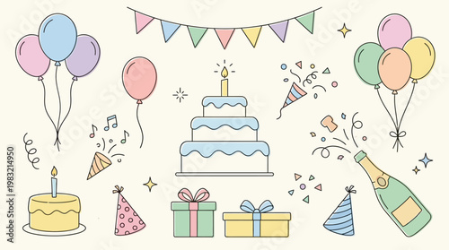 Colorful birthday celebration scene with balloons, pastel decorations, a tiered cake, candles, and wrapped gifts