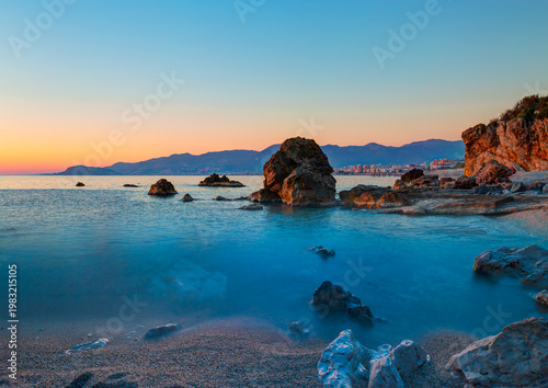 Canvas Print Long exposure photo of sandy beach on a dusk - Mahmutlar, Alanya, Antalya Provin