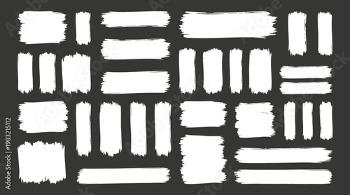 Abstract white brush stroke pattern on black background featuring geometric rectangular bars and streaks