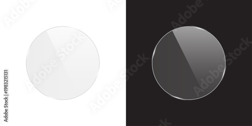 Transparent glass circular frame. 3d plastic blank screen isolated on on black and white background. Reflective surface panel with light glare. Modern UI element. Realistic vector illustration.