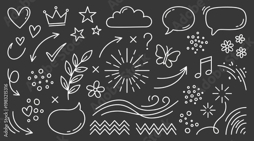 Whimsical chalkboard doodles: hearts, stars, crowns, clouds, sun, flowers, leaves, arrows, musical notes and waves in a playful handdrawn style