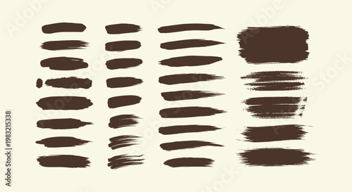 Vector collection of grunge brush strokes with hand-drawn ink texture for artistic design projects.