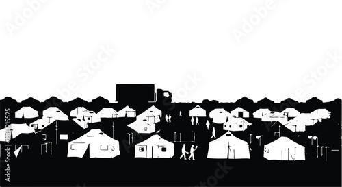 Silhouette of a refugee camp with rows of tents and humanitarian aid trucks