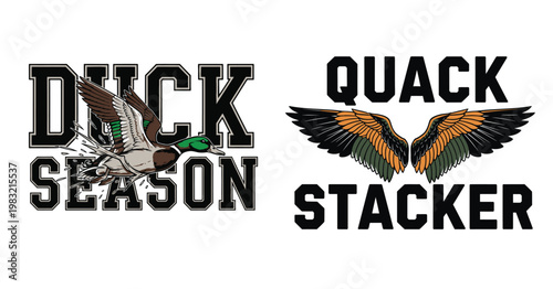 Duck season and quack stacker logos with wings and text tshirt design