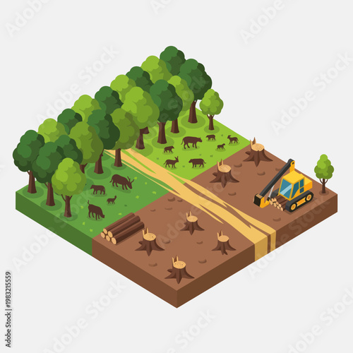 Deforestation Scene with Bulldozer and Trees.