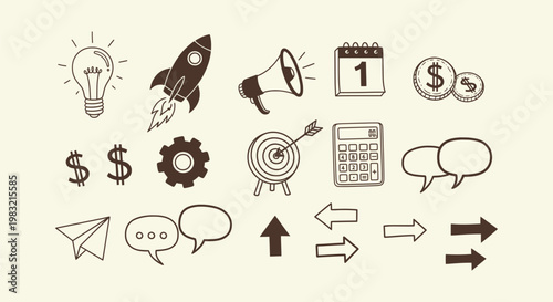 Hand Drawn Business and Startup Doodle Icons Set for Marketing Strategy Finance and Creative Growth