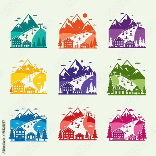 Colorful Mountain Ski Resort Village Icons Set