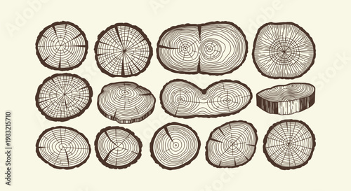 Vintage hand drawn wood tree trunk cross sections set with annual growth rings on white background