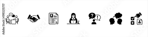 Business and human resources recruitment icon set featuring job interview, handshake, resume, and professional communication scenes.