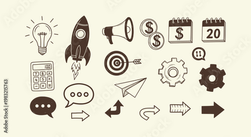 Hand Drawn Vector Business Startup Icons Set with Light Bulb Rocket Megaphone and Financial Doodles.