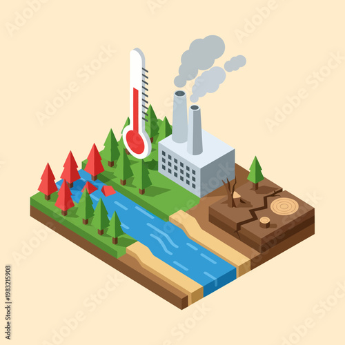 Isometric Illustration of Pollution and Climate Change.