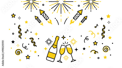 Champagne bottles clinking in a festive celebration with confetti, streamers, and golden sparkles for a joyful party mood