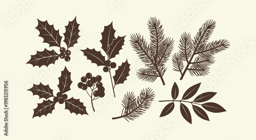 Set of brown silhouette Christmas botanical elements featuring holly berries and pine needle branches