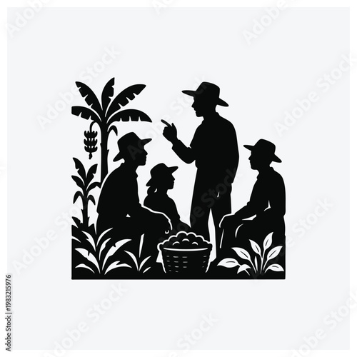 Silhouette of farmers discussing harvest in a field.