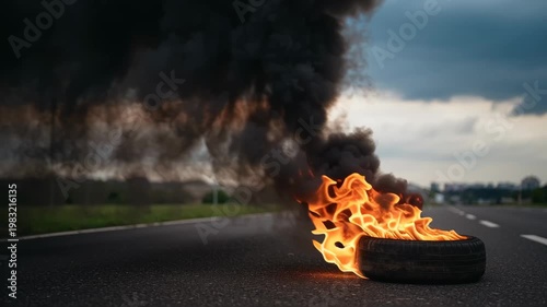 Burning tire thick black smoke fire road protest hazard danger, dramatic flames and heavy smoke cloud on asphalt highway