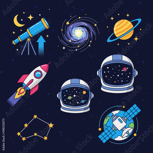 Cosmic Adventure: Space Exploration Icons - Rocket, Telescope, Astronaut Helmets, Galaxy, Planet