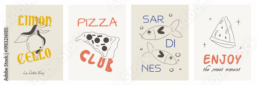 Summer Italy la dolce vita vintage posters. Amalfi or Sicily of postage stamps with Italian Mediterranean lemon, pizza, watermelon, fish wall decor. Vector illustration ink doodle sketch style. 