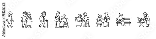 Elderly Care and Senior Lifestyle Line Art Icons: Nursing Home, Medical Support, Gardening, and Outdoor Activities for Aging People