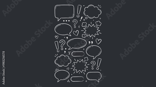 Abstract doodle collage of speech bubbles, thought clouds and communication icons on a dark gray background