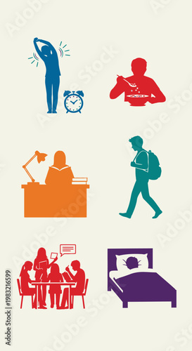 Daily routine icons: stretching, studying, walking, group work, and sleeping