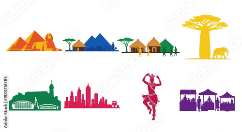 Diverse African Landmarks and Culture Montage: Pyramids, Baobab Tree, Cityscape, Dancers, Market