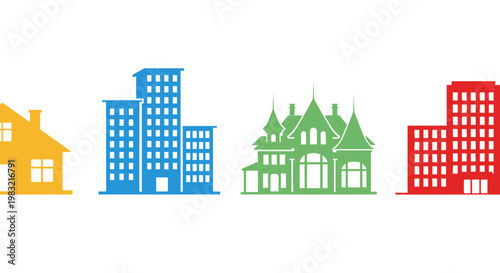 Diverse Building Silhouettes: Residential, Office, and Victorian Architecture