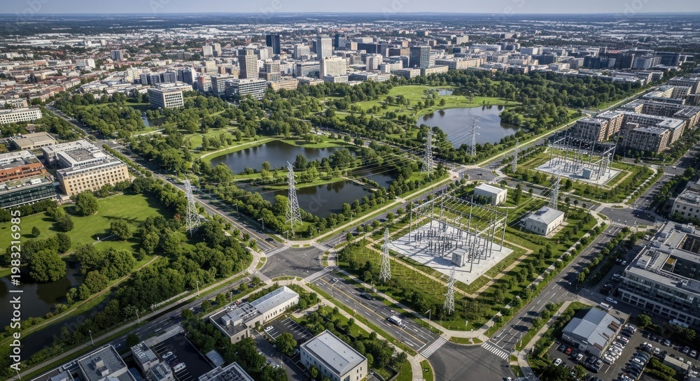 Fototapeta premium Aerial view modern city skyline with green parks power substations, for balance between urban infrastructure environmental sustainability in growing metropolis