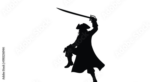 Silhouette of a pirate wielding a curved sword against a white background