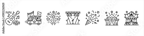 Festival and Celebration Icon Set Featuring Live Music, Parade Float, Fireworks, Concert Stage, Party Popper, and Event Tents