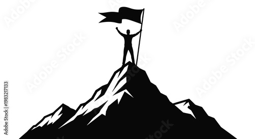 A silhouetted figure triumphantly waves a flag atop a mountain peak