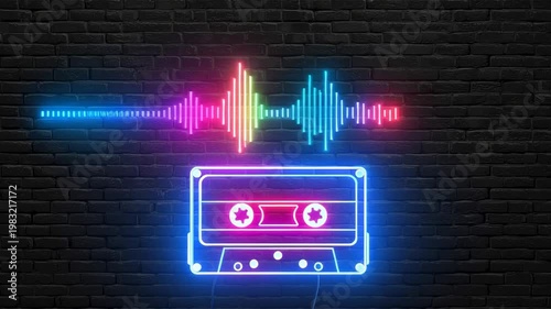 Neon music cassette tape glowing brick wall neon sign with colorful sound wave and waveform audio equalizer above retro cassette