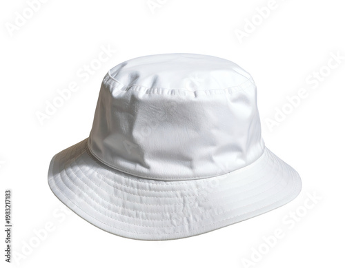 Clean, white bucket hat with wide brim and stitched detailing