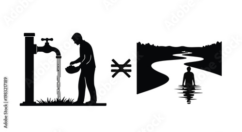 Black silhouette of man washing hands under faucet with water flowing into river stream outdoors, conservation concept, eco friendly lifestyle