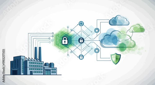 Conceptual illustration depicting a factory connected to cloud computing through a network secured by padlock icons, rendered with a painterly watercolor effect against a clean white