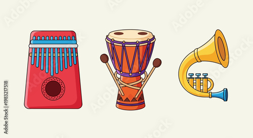 Diverse Musical Instruments: Kalimba, Djembe Drum, and Trumpet on Light Background