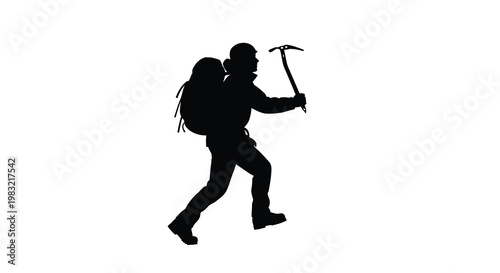 Silhouette of a hiker walking with an ice axe on a white background