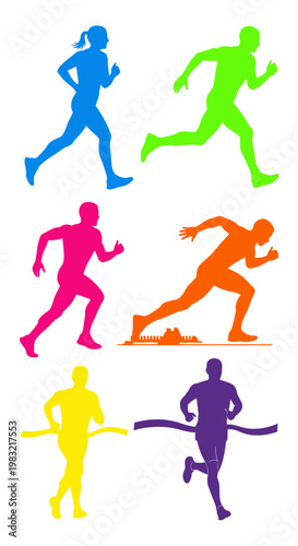 Diverse Runners Silhouette Set: Marathon, Sprint, Finish Line, Vibrant Colors