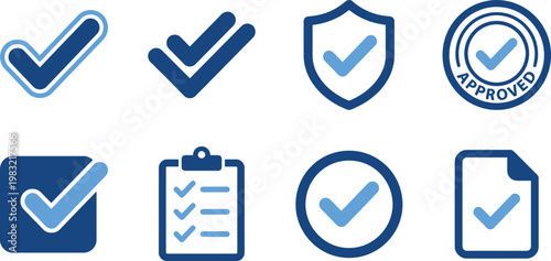 Security and verification icons set blue checkmarks and shields