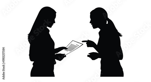Two women in silhouette discuss a document one gesturing emphatically