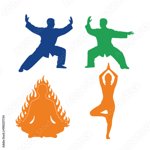 Diverse Wellness Icons: Yoga, Tai Chi, Meditation Silhouettes in Vibrant Colors