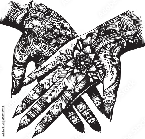 Fotografie Intricate Mehndi Silhouette Vector in Black and White Traditional Henna Art Desi