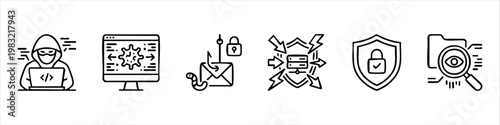 Cybersecurity and Cybercrime Icon Set: Hacker, Virus, Phishing, DDoS Attack, Data Protection, and Digital Monitoring Vector Illustrations
