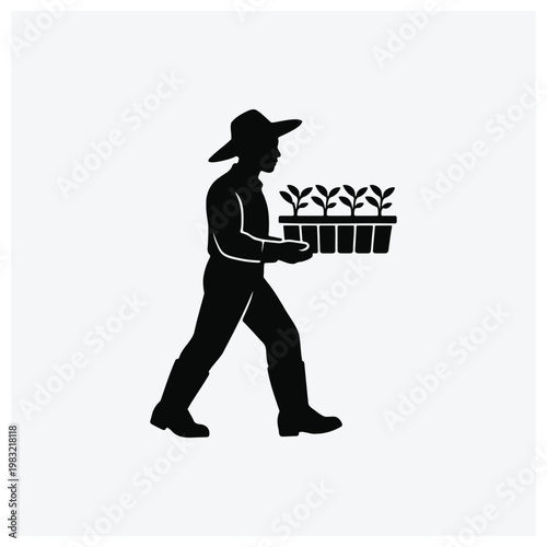Gardener carrying seedlings, silhouette, man, plant, farming