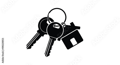 Black and white illustration of house shaped key with other keys