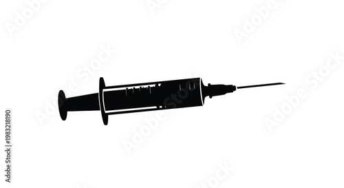 A black silhouette of a medical syringe isolated on a white background